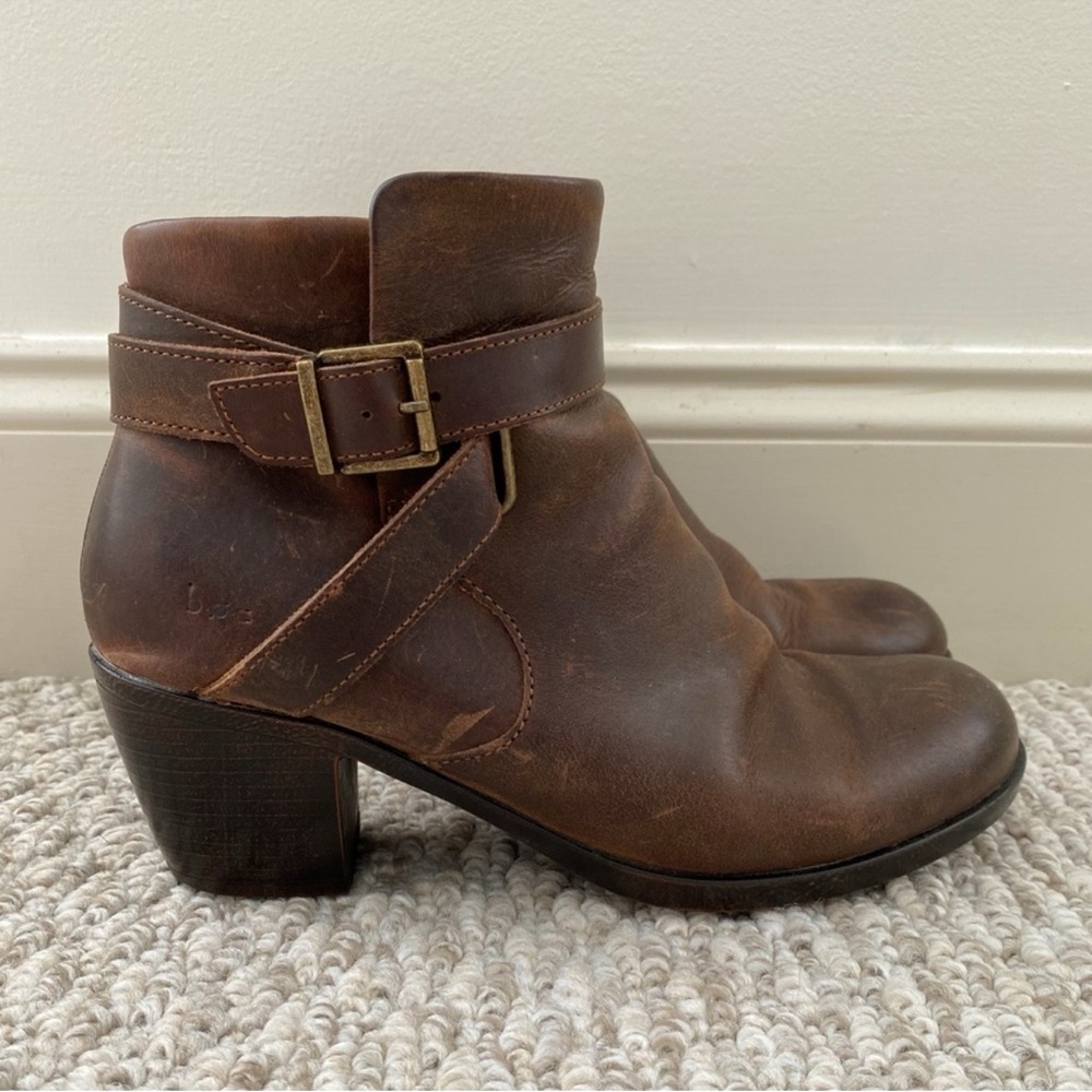 Brown Leather Ankle Boots with Buckle Strap